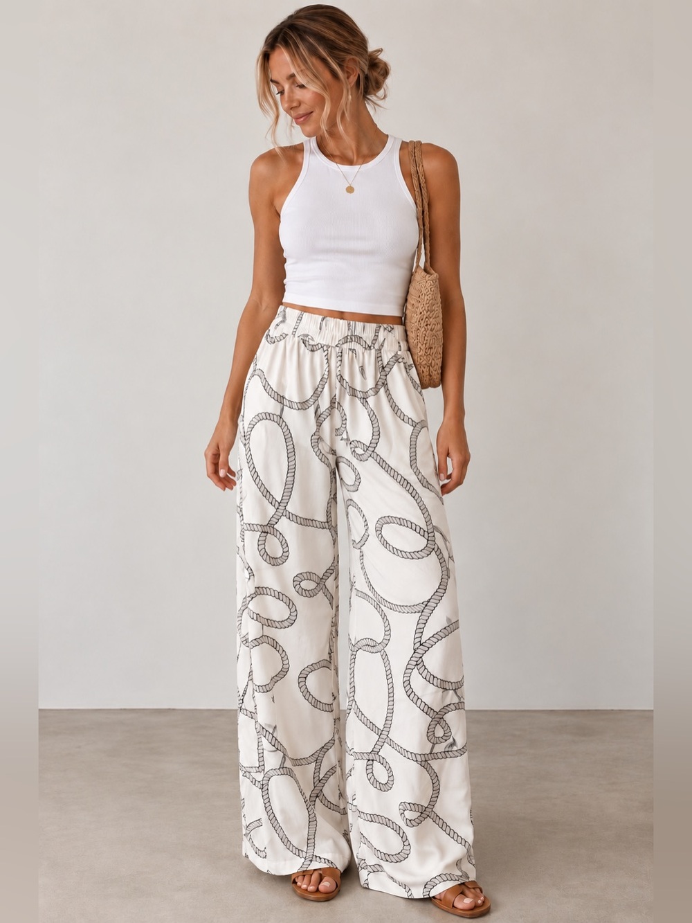 Joie Ivory Rope Print Wide Leg Palazzo Pants Size S
